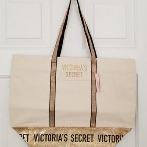 Victoria's Secret Adorable Beige & Gold Bag Canvas